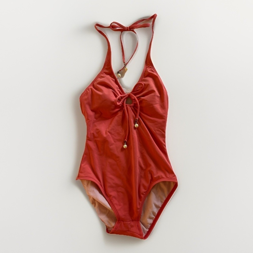Anne Cole One Piece Swimsuit 6 Coral Peach Halter Pearl Charms Vacation Coastal